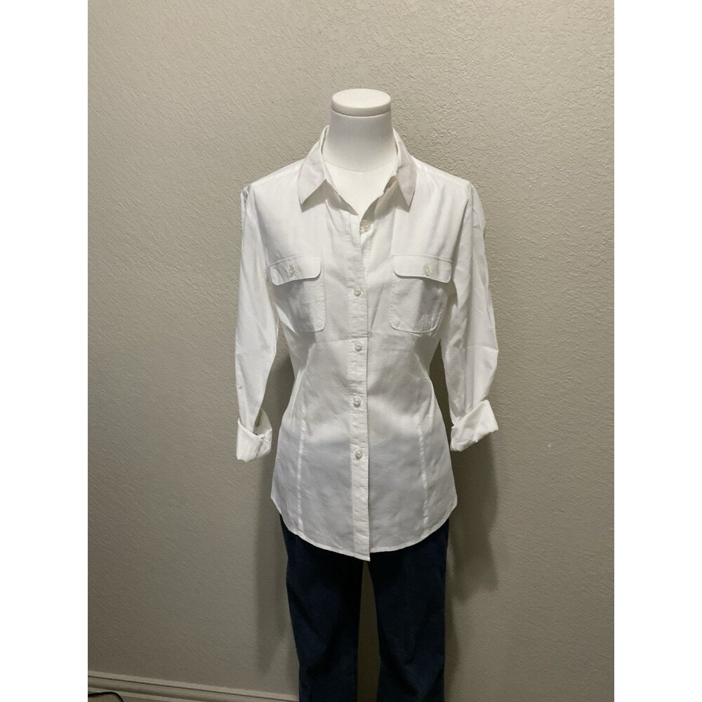 LOFT, Long Sleeve, Button Down, White Pique Material, Size: M - Picture 2 of 8